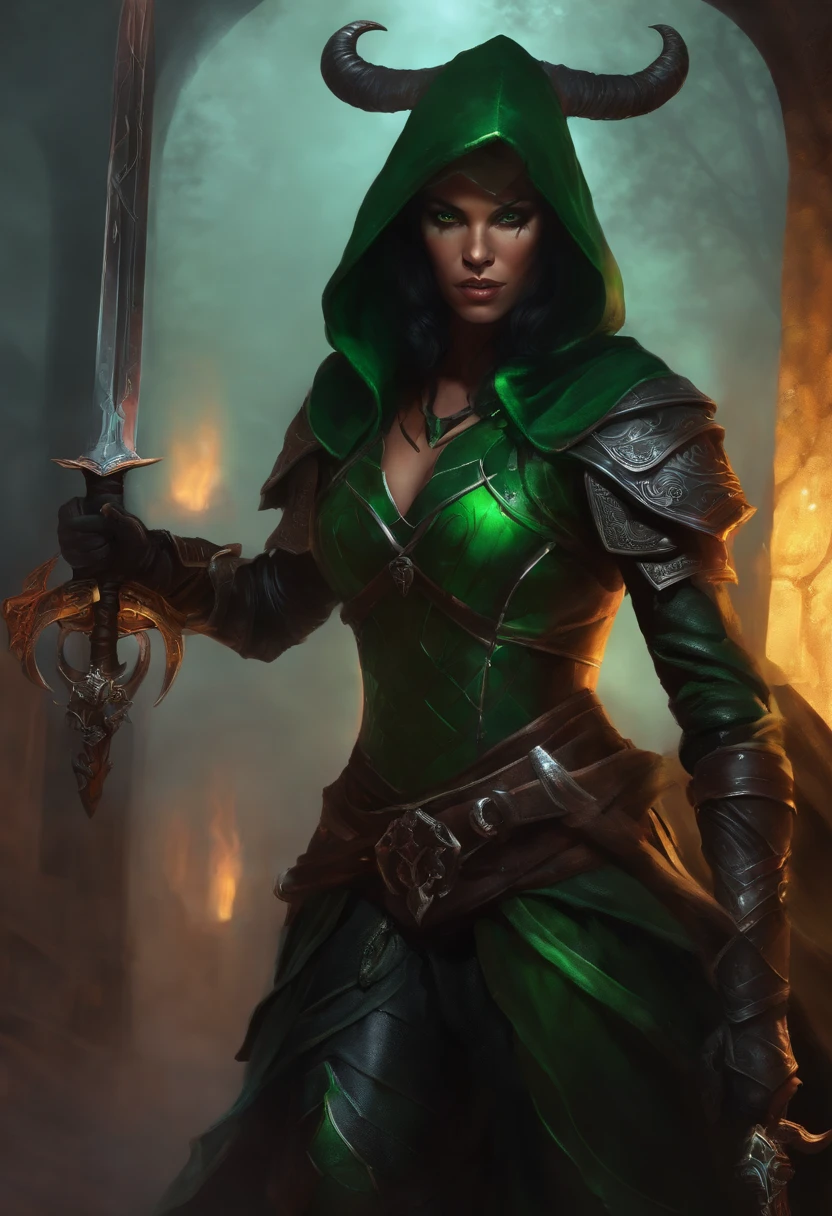 female tiefling in armor carrying a sword, black hair and glowing green eyes, with a hood and a mask