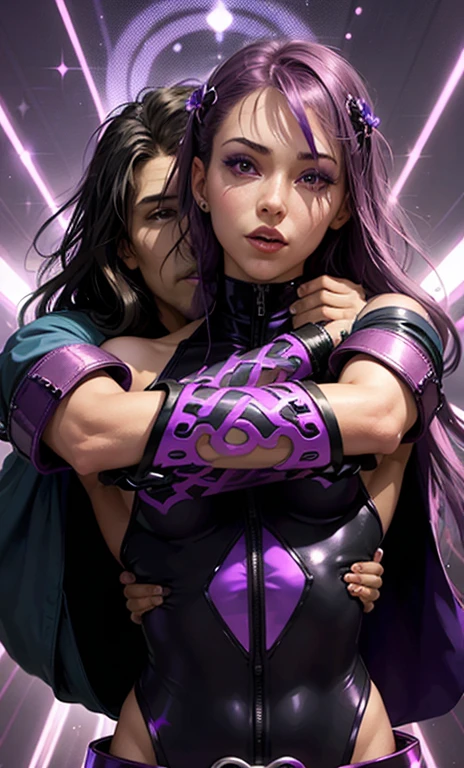 A (((couple in a gliding dance pose))) where the man and woman are surrounded by (((shimmering luminous purple crystals))), intertwined with hypnotic swirling crystal lights. The woman has long, flowing purple hair and big, purple eyes, while the guy is slender and dressed in a sleek leather black and white outfit with thigh-high boots and a metallic top and shorts. His outfit incorporates straps and belts for a futuristic cyberpunk fantasy style. Radiant purple plusing light energy completes the vivid scene