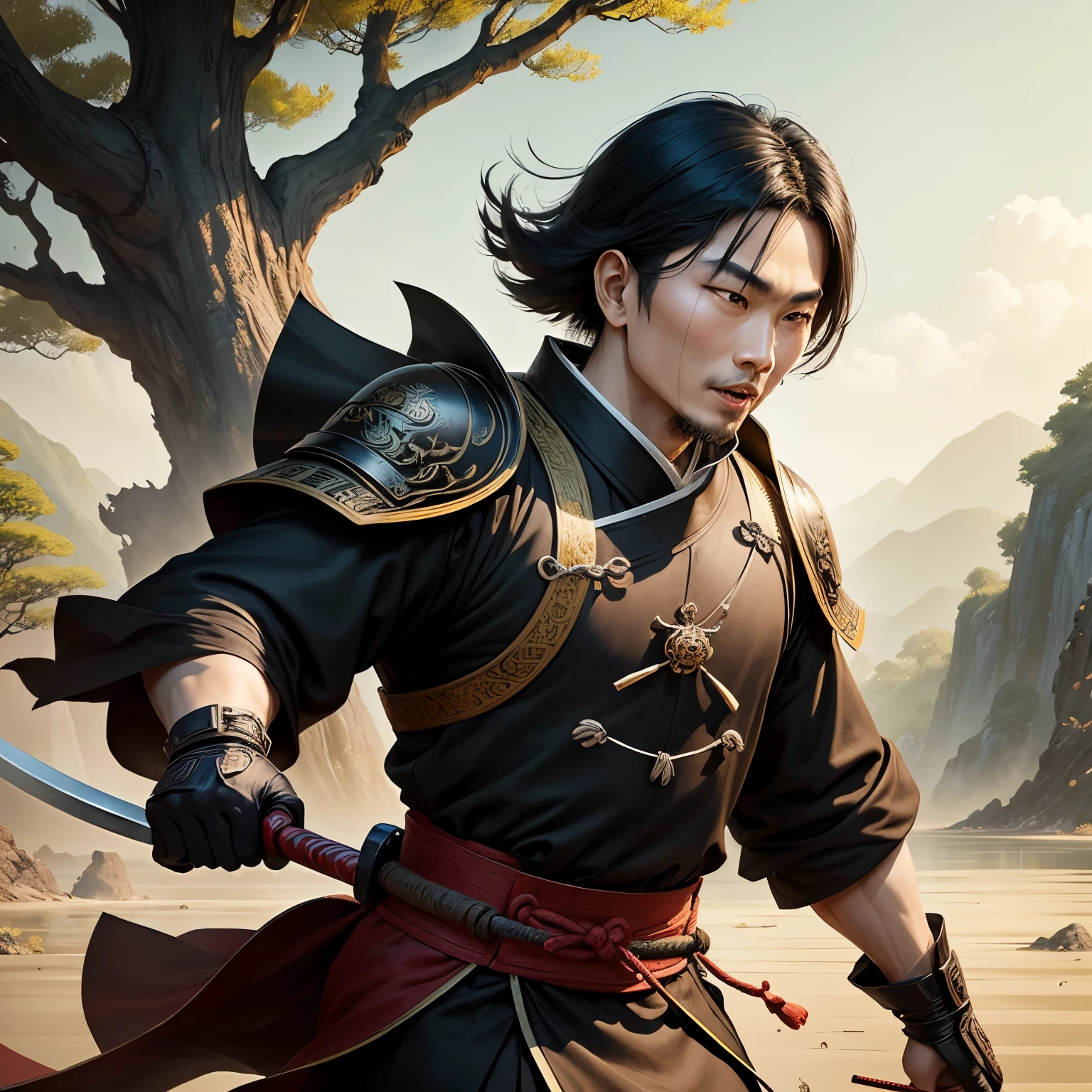 Chinese ink style, pure background, close-up shot, ancient China, only black and yellow color, a big tree, swordsman, konfu, Jiang Hu, natural scenery, solo,Minimalist design,  loneliness, landscape painting, vision, Laughing Proud Warrior 