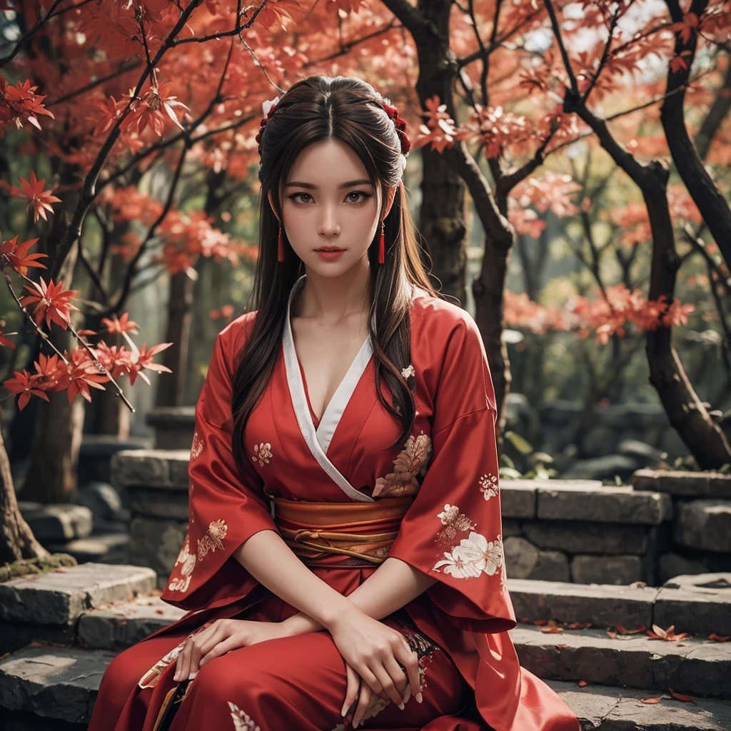 Mai shiranui, (best quality,ultra-detailed),(Realistic:1.37), beautiful and detailed face, Ultra-realistic texture, delicate face, delicate body, red lipstick, vivid colors. High definition, 8K. athletic body