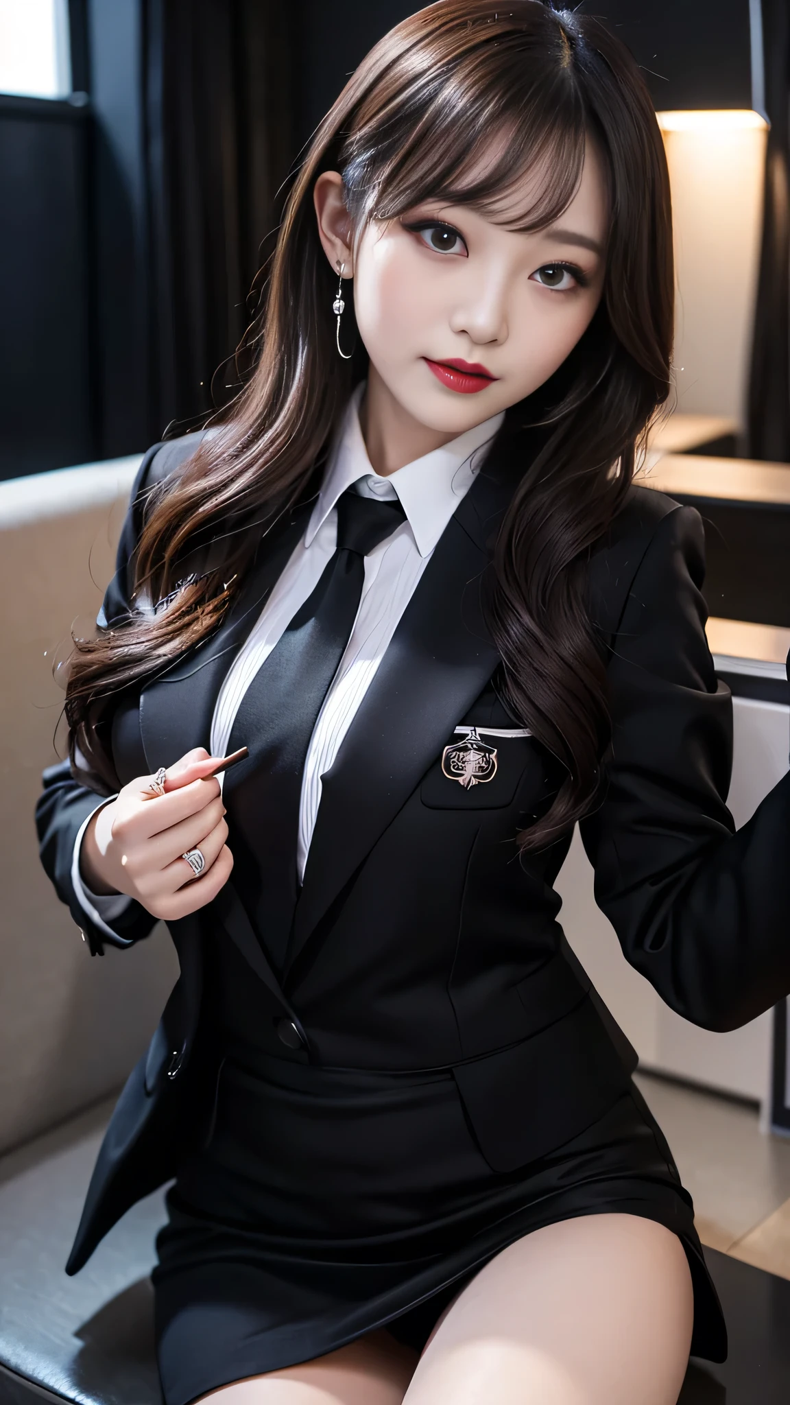 best quality、ultra-detailed、4k、Japanese、Seductive beauty、seductive adult woman、Pretty Woman、cool girl、Villainess、Brainwashed、brainwash、Fallen into evil、smirk、Evil look、Wicked Smile、evil、Brown hair、wavy hair、swept bangs、dark makeup、dark makeup、piercing eyes、hollow eyes,half-closed eyes、Hollow Eyes、purple Eyeshadow、black lipstick、black lipglos、office staff suit、suit、Jacket、White Shirt、Black Ribbon、Tight Skirt、pantyhose、night、inside darkroom、Are standing、shoot from below、Have lipstick、Emblem of Evil、Crest of Darkness、Swear allegiance、I have pledged my allegiance、Dye black、Blackening、Stained with evil、Dyed in darkness、Seduce