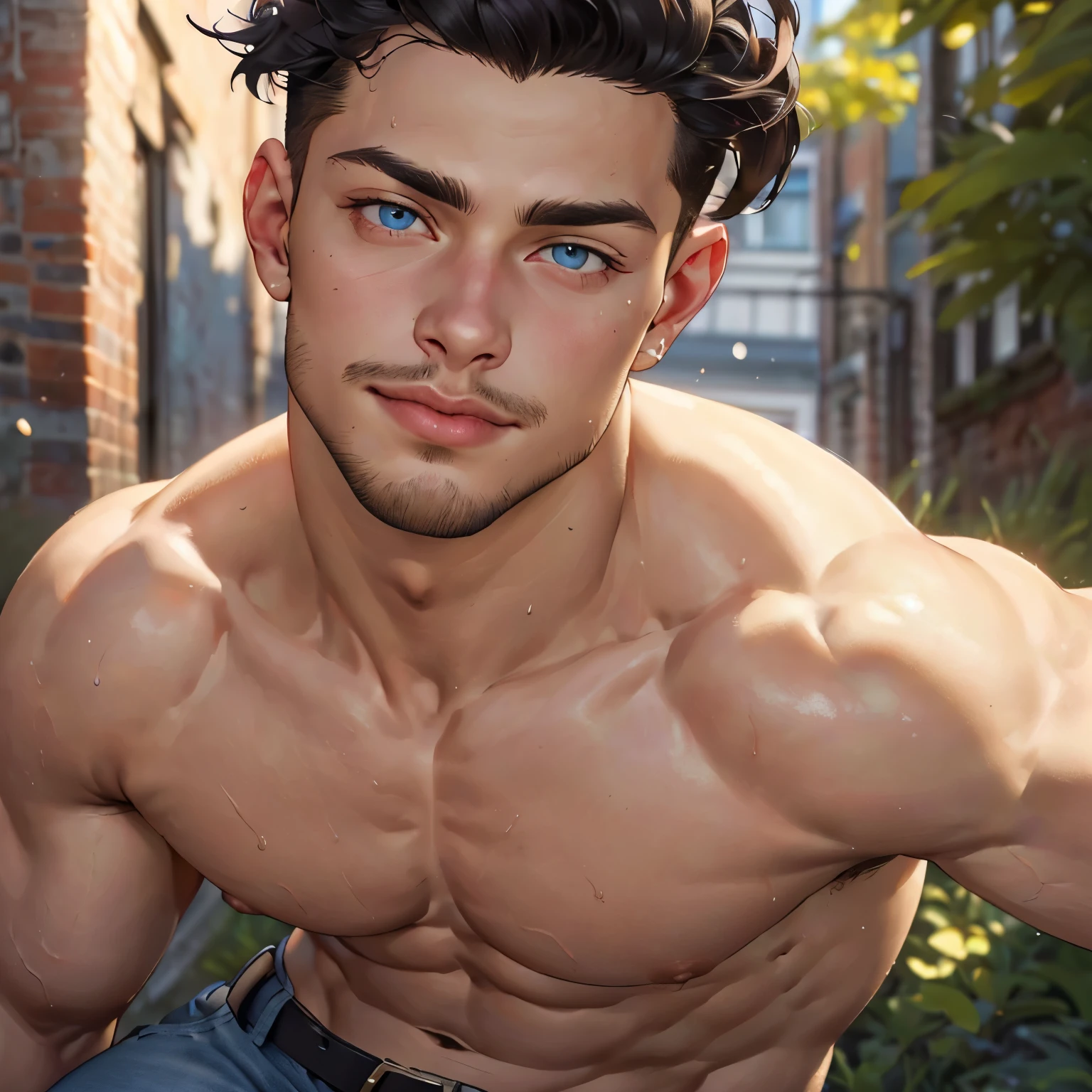 ((the best quality)), ((Masterpiece)), (details), perfect face, high definition, Masterpiece,4k,details clearly, Handsome face, white skin, perfect body, male body, strong muscles, abdomen, blue eyes, white skin, The most handsome man in the world, handsome, The coolest face, Male characters, close image (1man, shirtless), young man, mischievous smile, Extremely muscular tall man, open your eyes ((detailed eyes)), huge, muscular body and Massive, bulging pecs, muscular abs, narrow waist, short hair, blue eyes, delicate big eyes, carefree expression, clear face, handsome (detailed face, perfect face) ((extremely realistic shadows, bodybuilding posture, human, ((22-year-old young man)), V shape, fashion, Shirtless, Sunlight, street lower pants, topless, close up look, CG sense, Textured skin, the best quality, Storytelling images, show Panty line, Show your abs, show arm muscle, Black hair, shining blue eyes, eyes contact, leather belt, Red cheeks, bright, black jeans