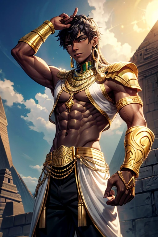 Egyptian warrior, 20 year old man, dark skin short messy black hair, silver decorations, black eyes, white and green Egyptian warrior clothing, dark gold vest with silver snake print, gold belt, dark gold pants, pendant with Egyptian symbol golden with green quartz gems, gold rings on both hands, muscular slim build, with a spear in his hands, background of an Egyptian pyramid, pyramid,