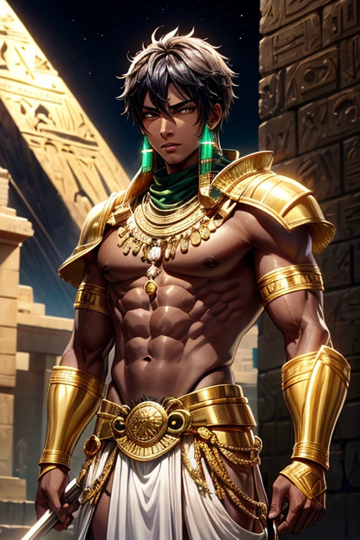 Egyptian warrior, 20 year old man, dark skin short messy black hair, silver decorations, black eyes, white and green Egyptian warrior clothing, dark gold vest with silver snake print, gold belt, dark gold pants, pendant with Egyptian symbol golden with green quartz gems, gold rings on both hands, muscular slim build, with a spear in his hands, background of an Egyptian pyramid, pyramid,