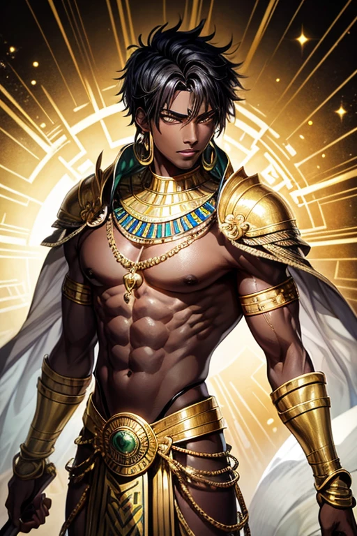 Egyptian warrior, 20 year old man, dark skin short messy black hair, silver decorations, black eyes, white and green Egyptian warrior clothing, dark gold vest with silver snake print, gold belt, dark gold pants, pendant with Egyptian symbol golden with green quartz gems, gold rings on both hands, muscular slim build, with a spear in his hands, background of an Egyptian pyramid, pyramid,