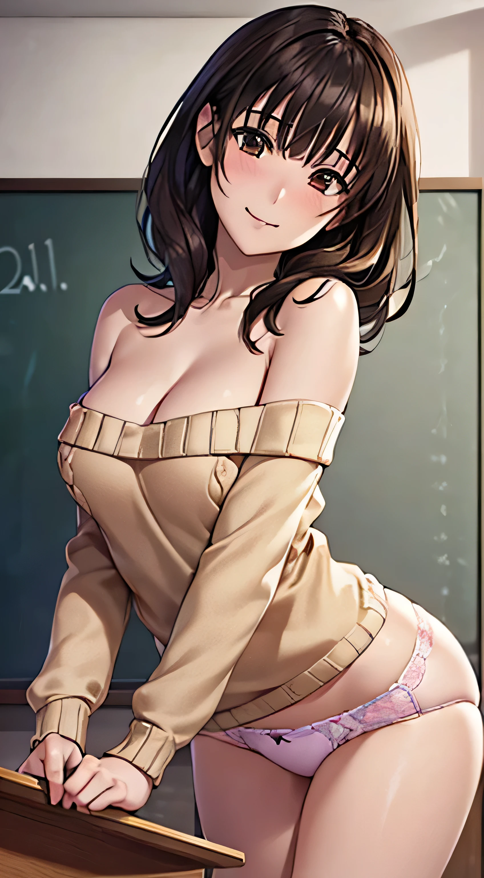 ((Tabletop, highest quality, High resolution, , Pixel perfect, 4K,))), 1 female teacher, single, alone, beauty、The whole body is visible、 ((Mid-wave hair, bangs, Brown Hair)), ((Brown eyes, Beautiful eyelashes, Realistic eyes)), ((Detailed face, Blushing:1.2)), ((Smooth texture:0.75, Realistic texture:0.65, Realistic:1.1, Anime CG Style)), Mid-chest, Dynamic Angle, Perfect body, (( , ,  Beige off-the-shoulder sweater, 、)), No bra、Nipples are visible、Soft Breasts、Very embarrassing panic smile, 、Leaning forward、classroom、Put your hands on the board、Stick your butt out。Side bust、(Light blue floral lace panties)、Angle from below)、