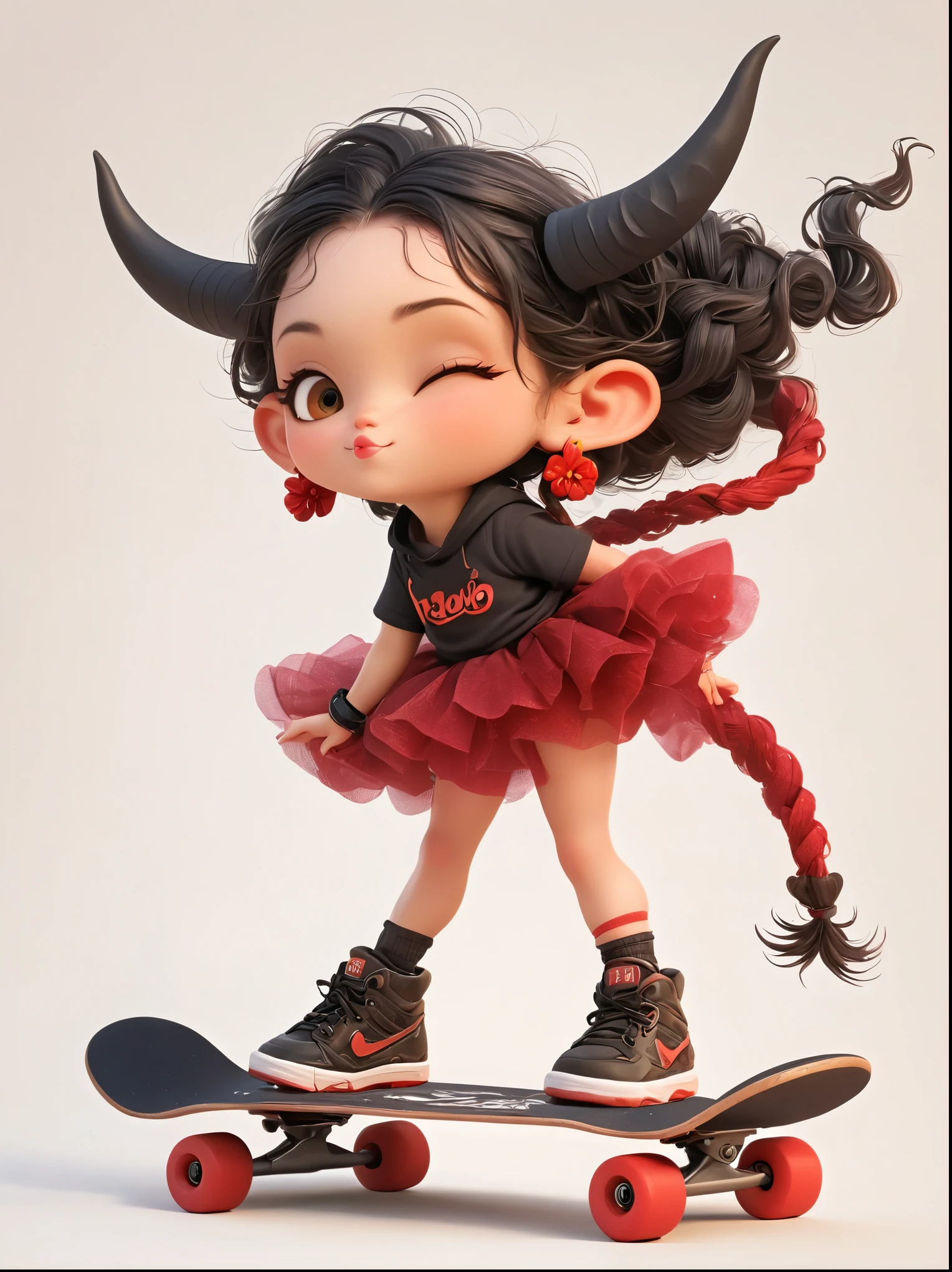 1 garota, demon whose body is made of lava,With menacing horns and crimson lava skin, strike a fun pose, standing on a skateboard, (feche um olho:1.3), olhos vermelhos, Fazendo beicinho boquinha fofa, Swirling tendrils of smoke leave behind,Orgulhosamente, estilo de desenho animado, Tiro de corpo inteiro, Criado com C4D e Blender, Estilos de brinquedos de caixa cega, super detalhe, Anatomicamente correto, Obra de arte, precise