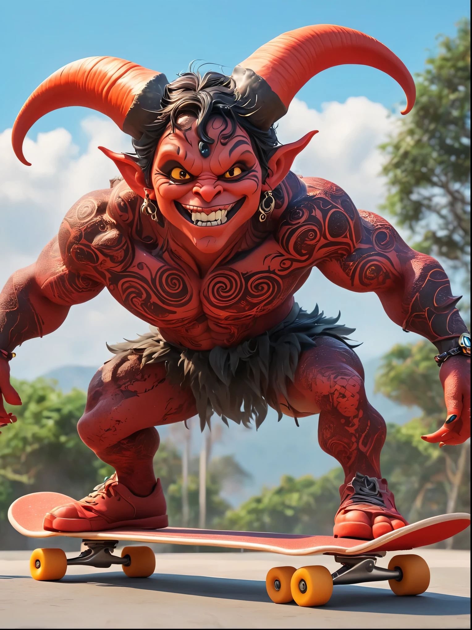 1 garota, demon whose body is made of lava,With menacing horns and crimson lava skin, strike a fun pose, standing on a skateboard, (feche um olho:1.3), olhos vermelhos, Fazendo beicinho boquinha fofa, Swirling tendrils of smoke leave behind,Orgulhosamente, estilo de desenho animado, Tiro de corpo inteiro, Criado com C4D e Blender, Estilos de brinquedos de caixa cega, super detalhe, Anatomicamente correto, Obra de arte, precise