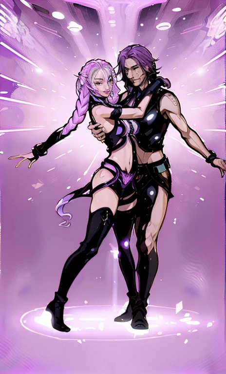 A (((couple in a gliding dance pose))) where the man and woman are surrounded by (((shimmering luminous purple crystals))), intertwined with hypnotic swirling crystal lights. The woman has long, flowing purple hair and big, purple eyes, while the guy is slender and dressed in a sleek leather black and white outfit with thigh-high boots and a metallic top and shorts. His outfit incorporates straps and belts for a futuristic cyberpunk fantasy style. Radiant purple plusing light energy completes the vivid scene