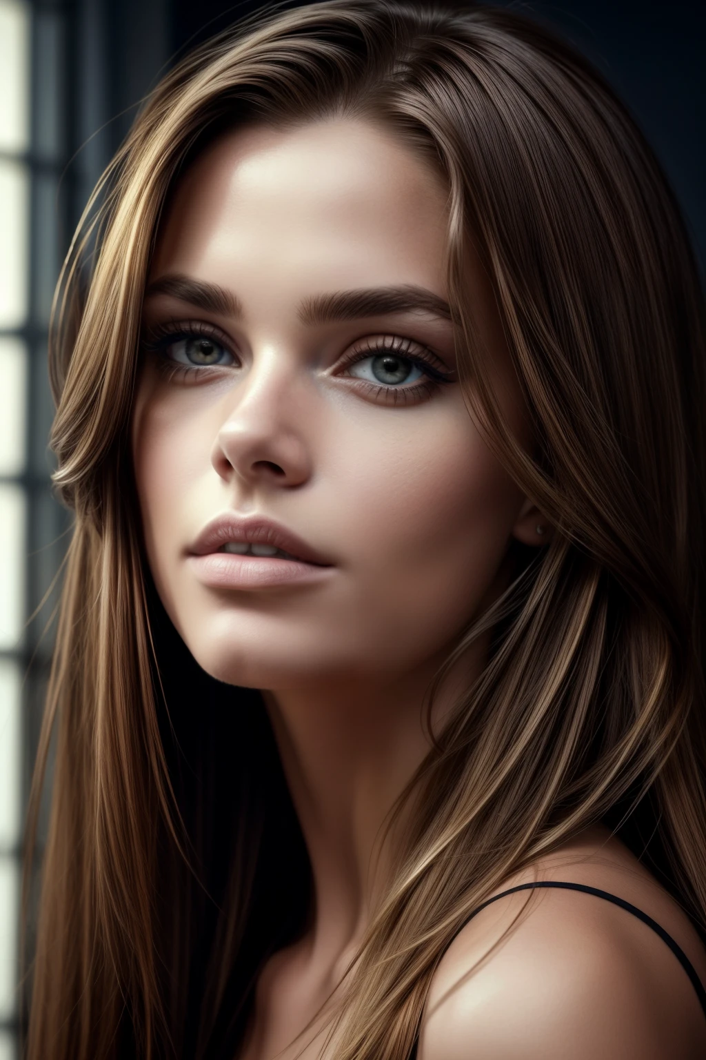 (photorealistic, masterpiece, best quality, ultra-detailed), face of Bridget Satterlee, long straightened hair, hair is stark raven black, wearing a seblack bra, large bust, with her body and head straight in the photo, ((medium)) facing the viewer, her eyes intently staring at the lens, 4K resolution, ((cinematic look)), natural skin texture, film grain, soft cinematic light, sidelighting, hyperdetailed, intricate, sharp focus, realistic shadows, high contrast, detailed facial features, expressive eyes, exquisitely rendered.