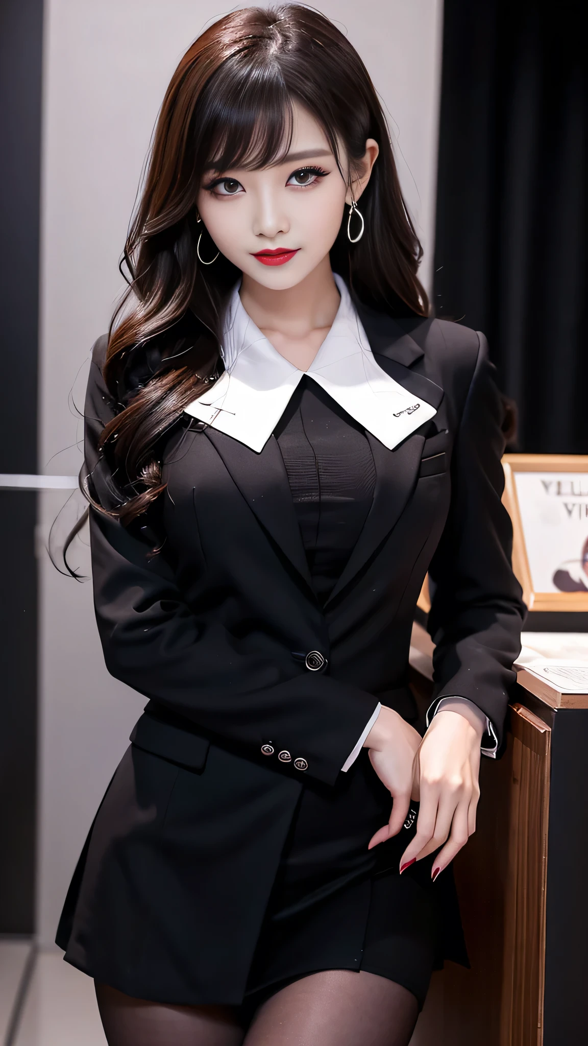 best quality、ultra-detailed、4k、Japanese、Seductive beauty、seductive adult woman、Pretty Woman、cool girl、Villainess、Brainwashed、brainwash、Fallen into evil、smirk、Evil look、Wicked Smile、evil、Brown hair、wavy hair、swept bangs、dark makeup、dark makeup、piercing eyes、hollow eyes,half-closed eyes、Hollow Eyes、purple Eyeshadow、black lipstick、black lipglos、office staff suit、suit、Jacket、White Shirt、Black Ribbon、Tight Skirt、pantyhose、night、inside darkroom、Are standing、shoot from below、Have lipstick、Emblem of Evil、Crest of Darkness、Swear allegiance、I have pledged my allegiance、Dye black、Blackening、Stained with evil、Dyed in darkness、Seduce