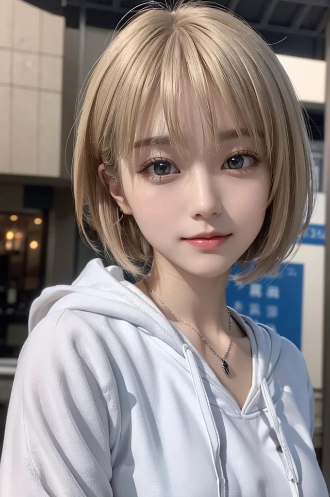 (Surreal) , (Like the picture:1.4),(Increase the resolution), (8k), (Very detailed), (Beautiful and fine details), (highest quality), (Ultra-detailed), (masterpiece), (wallpaper), (Detailed face), solo,1 girl, perfect beautiful japanese woman:1.4、19 years old、Looking at the audience, Subtle details, Detailed face, Cloudy, Deep Shadow, A gentle smile,Short hair white color,My hair is messy,Looking up,(Lightweight hoodie :1.2),Background is night,Camera angle high angle,Various poses,necklace,Attractive face, Medium chest, Dynamic pose,