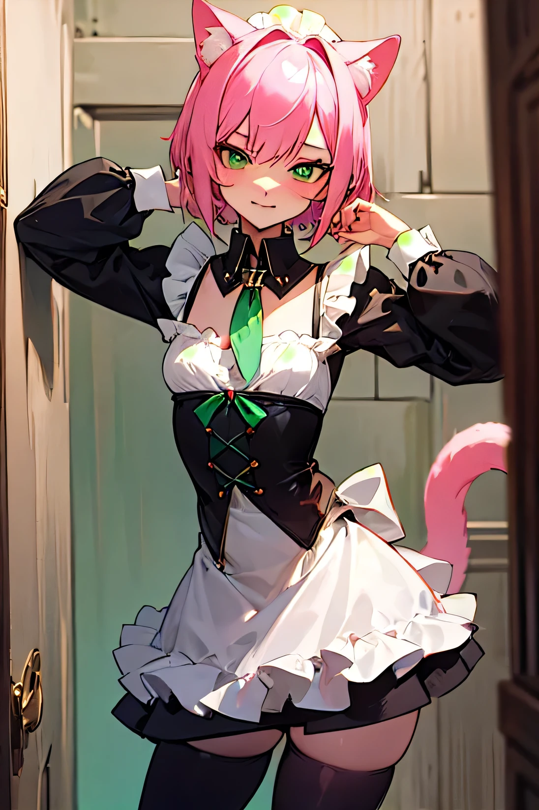 Pink hair, short hair, deep emerald green colored eyes, small breasts, body, short body, large magical collar, slave, cat girl, cat tail, servant, sexy, cute, shy look, tied up, mischievous expression, bratty, short maid dress, thigh high leggings, Lolita maid, green dress, black dress , black outfit, revealing dress, bratty, revealing clothes, servant, indoors, inside a castle, medieval, bratty pose, bratty, arms raised, smiling, smug expression