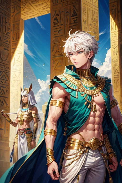 Egyptian warrior, 20 year old male, short messy blonde hair, silver decorations, green eyes, white and blue Egyptian warrior clothing, dark gold vest with silver snake print, gold belt, dark gold pants, gold Egyptian symbol pendant with green. Quartz gems, gold rings on both hands, slim and muscular build, with a spear in his hands, background of an Egyptian pyramid, pyramid,