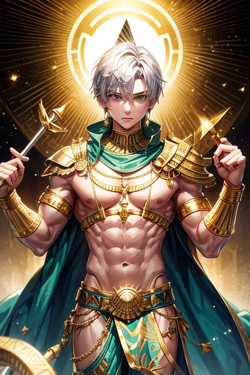 Egyptian warrior, 20 year old male, short messy blonde hair, silver decorations, green eyes, white and blue Egyptian warrior clothing, dark gold vest with silver snake print, gold belt, dark gold pants, gold Egyptian symbol pendant with green. Quartz gems, gold rings on both hands, slim and muscular build, with a spear in his hands, background of an Egyptian pyramid, pyramid,