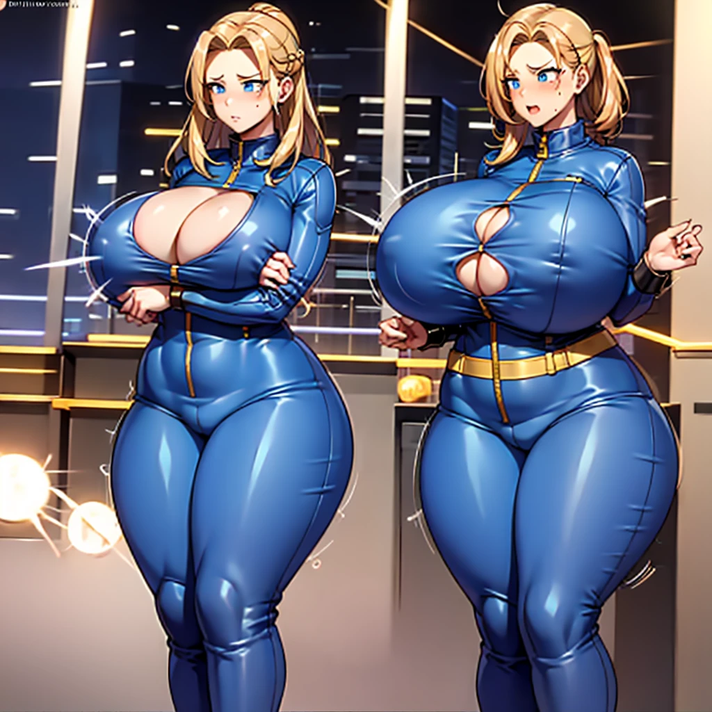 Vault-girl, vault 111 jumpsuit, 1girl, bursting breasts, breast expansion, large heavy breasts, crossed arms, vibrant blue eyes, blushing, long blonde hair, hips expansion, ass expansion, weight gain, shes stress eating, hes worried about how large her breasts are getting and how sensitive they are, strained jumpsuit, wide fat hips, thick thighs, fat ass, chubby belly,