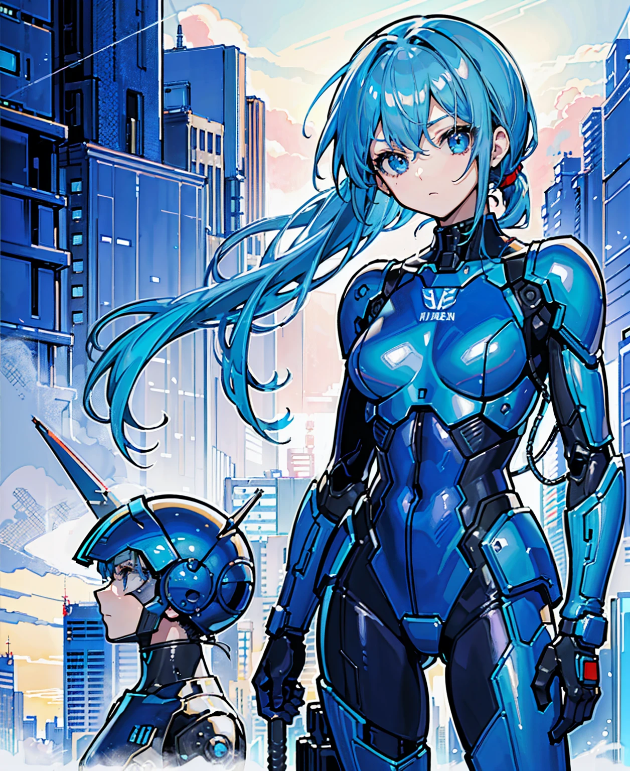 Blue Hair、Masterpiece、Best Quality、1 girl、Medium breast、((Album cover))、Light on Face、Slim Body、Blue Costume、Exoskeleton、metal Gear、Cyberpunk Style、ponytail、The Gundam pilot、attention arousal,Ride a fighter