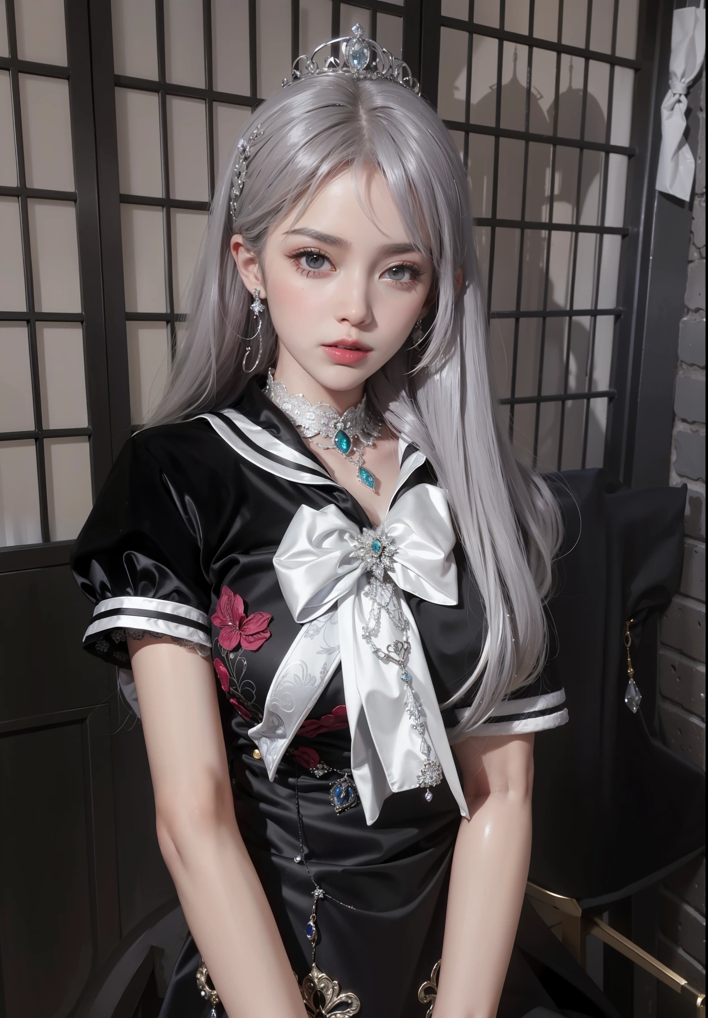 Royal sisters，Exquisite eyes，Snow Queen，Put the crown on your head，Detailed facial expressions body，Tall and big，Glamorous characters，Leg length，4K，HD，Sensual，White translucent lace，白皙Full picture，Little cherry mouth，Beautiful and cute，Full picture，Glossy Gel Coat，Vampire Queen in luxurious robes，Have a tattoo(Intricate tattoo designs)，Rich facial details，Wear gorgeous jewelry，Royal princess，Sparkling gemstone necklace，breasts   symmetrical