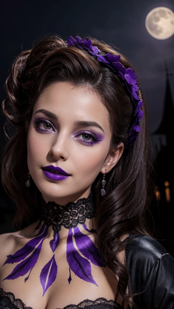 Jeune femme de 25 ans, visage fin, cheveux long, yeux marrons, HD, 8K, masterpiece, sourire romantique, sexy, mascara noir, maquillage noir, black lips, tenue gothique, vêtements noirs et violets, toile d'araignée en dentelle, cheveux noirs et violets, dans un manoir, bodypainting, purple paint, dracula, orage, moon light