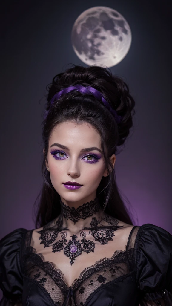 Jeune femme de 25 ans, visage fin, cheveux long, yeux marrons, HD, 8K, masterpiece, sourire romantique, sexy, mascara noir, maquillage noir, black lips, tenue gothique, vêtements noirs et violets, toile d'araignée en dentelle, cheveux noirs et violets, dans un manoir, bodypainting, purple paint, dracula, orage, moon light