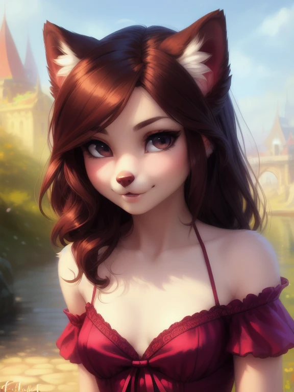 (source_e621), A beautiful and detailed (sweet portrait), ((mature anthro domestic dog)), Schlank, Small breasts, Hochgeladen E621, detailed flauschige fur, (von Fluff-Kevlar, Bayard Wu, personalami, Pino Daeni), 1girl, Allein, off shoulder satin dress , adorable, facing viewer, 1girl, realistic, ultra sharp image, first person view, cleavage, masterpiece, beautiful hair, lustful gaze, 