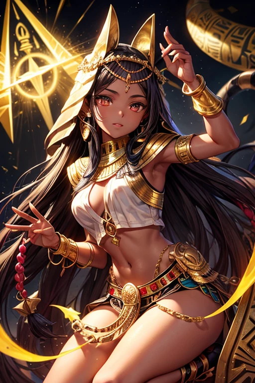 Egyptian sorceress, dark skin, gril , long messy brown hair, silver decorations, brown eyes, white and gold Egyptian clothing, dark gold vest with silver snake print, gold belt, dark gold pants, gold pendant with Egyptian symbol Egyptian with pink rose quartz gems, gold rings on both hands, slim build, base of an Egyptian pyramid, pyramid,