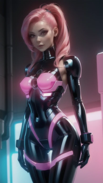 woman,robot ,woman,robot cyborg mech, Pink Hair, cyber punk:0.35, Perfect lighting, Perfect Shading, detailed, Complex, (Perfect body), Beautiful Face, Flowing Hair, ((whole body)), Realistic:1.35, Mature Adult:1.4,