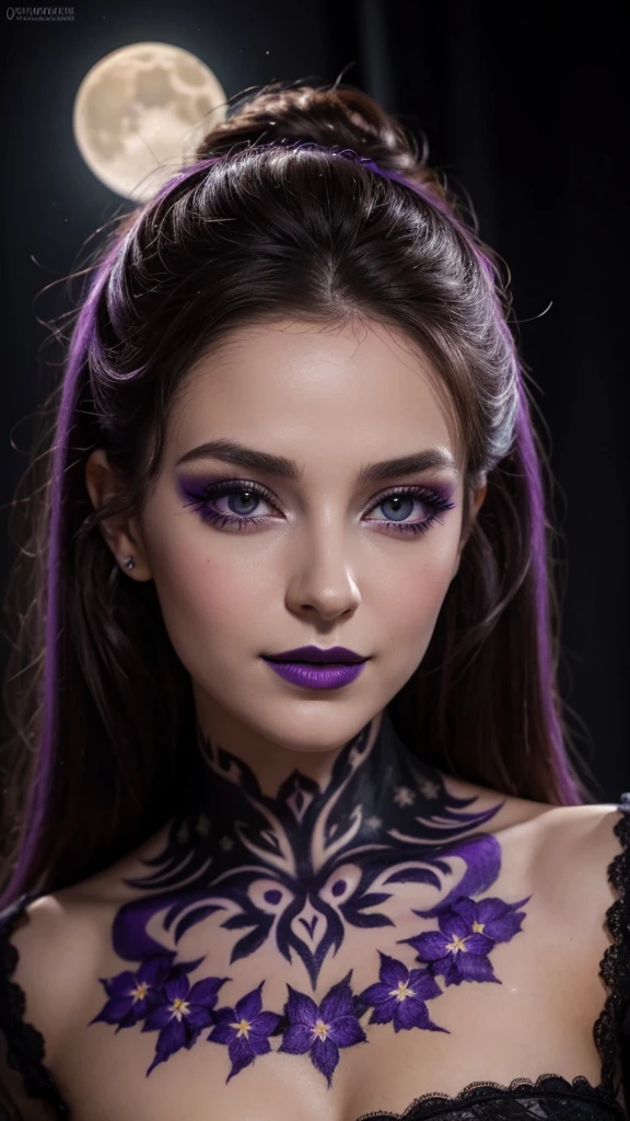 Jeune femme de 25 ans, visage fin, cheveux long, yeux marrons, HD, 8K, masterpiece, sourire romantique, sexy, mascara noir, maquillage noir, black lips, tenue gothique, vêtements noirs et violets, toile d'araignée en dentelle, cheveux noirs et violets, dans un manoir, bodypainting, purple paint, dracula, orage, moon light
