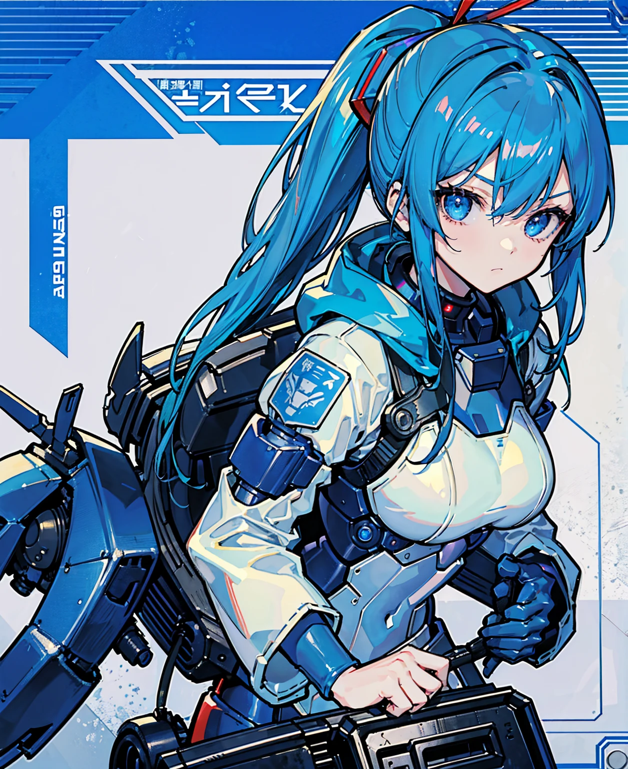 Blue Hair、Masterpiece、Best Quality、1 girl、Medium breast、((Album cover))、Light on Face、Slim Body、Blue Costume、Exoskeleton、metal Gear、Cyberpunk Style、ponytail、The Gundam pilot、attention arousal,Ride a fighter