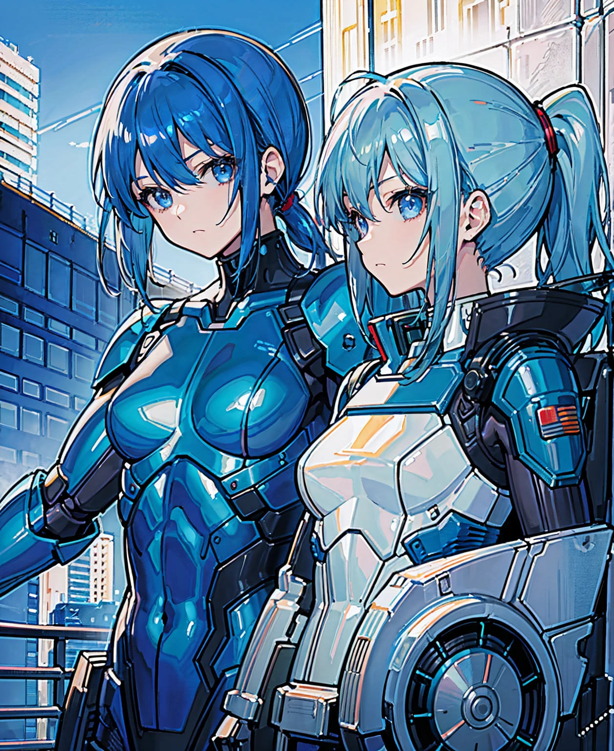 Blue Hair、Masterpiece、Best Quality、1 girl、Medium breast、((Album cover))、Light on Face、Slim Body、Blue Costume、Exoskeleton、metal Gear、Cyberpunk Style、ponytail、The Gundam pilot、attention arousal,Ride a fighter