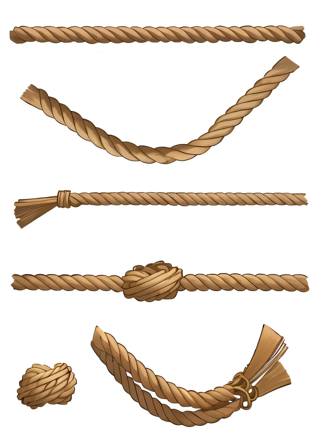 a set of four different cordas with a knot and a corda, corda, cordas, hanging corda, corda bondage, Cords, cordas and chains, formas torcidas, lasso, hd illustration, An illustration, Floggers, por David Garner, strangled with corda, corda bridges, Lasso Tool, bengala, realistic illustration, Beautiful illustration, chicotes, malte