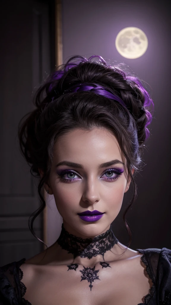 Jeune femme de 25 ans, visage fin, cheveux long, yeux marrons, HD, 8K, masterpiece, sourire romantique, sexy, mascara noir, maquillage noir, black lips, tenue gothique, vêtements noirs et violets, toile d'araignée en dentelle, cheveux noirs et violets, dans un manoir, bodypainting, purple paint, dracula, orage, moon light