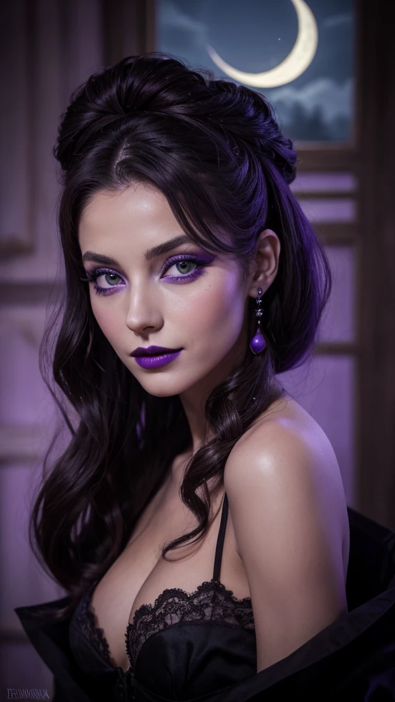 Jeune femme de 25 ans, visage fin, cheveux long, yeux marrons, HD, 8K, masterpiece, sourire romantique, sexy, mascara noir, maquillage noir, black lips, tenue gothique, vêtements noirs et violets, toile d'araignée en dentelle, cheveux noirs et violets, dans un manoir, bodypainting, purple paint, dracula, orage, moon light