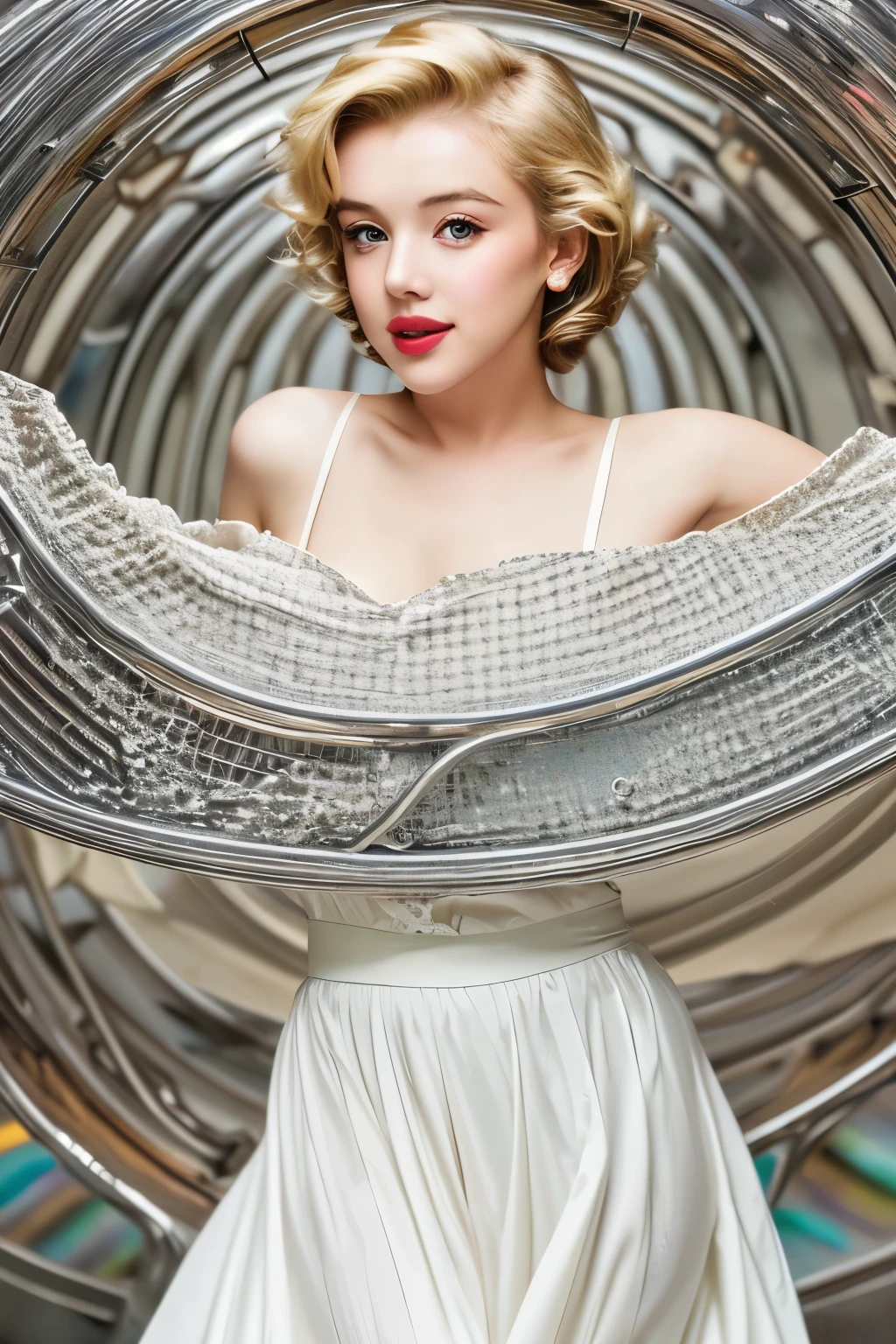 (((Details in Ultra-HD quality, Realistic like a real photo, ideal))), (morbid light:1.2), (dynamic angle), RAW photos, (Marilyn Monroe), young, cute, very slim, thin, highly detailed texture (white cocktail dress), (holding a big long skirt), (blowing big long white skirt), (standing on a metal grate), (legs spread), (most iconic photo), (sharp), (Highly detailed body), (light smile:0.8), Exposure Blending, bokeh, glimmering, high contrast, (muted colors, dim colors, calm tone:1.3), low saturation, morbid