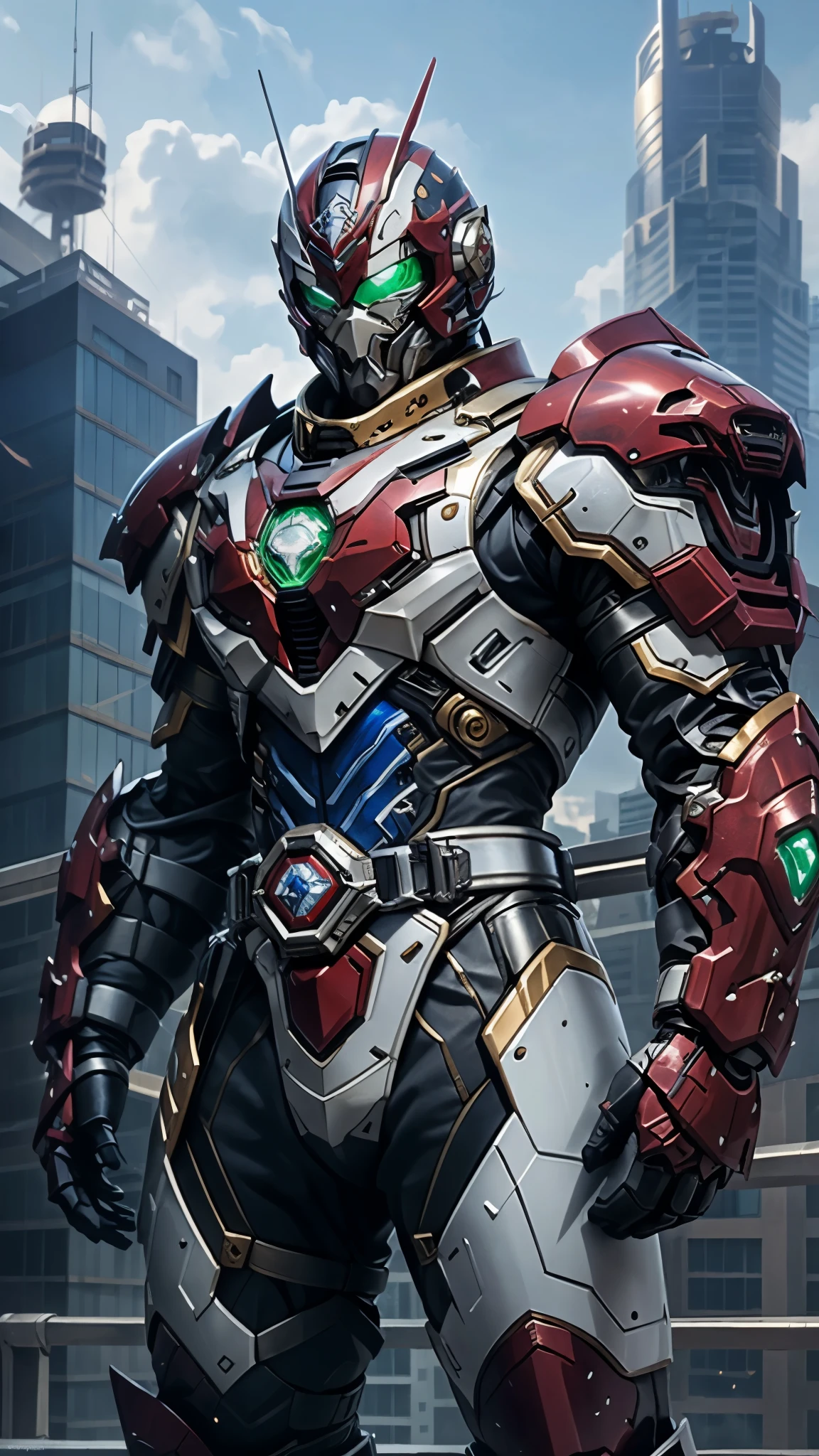 A man wearing a full-face helmet, a fantasy-style biotech armored combat suit, green eyes, (a composite layered chest armor), fully enclosed shoulder guards, matching arm and leg guards, the belt is adorned with Falcon Wing, (the color scheme is primarily white with red and blue accents), the design balances heavy with agility, a high-tech bio-mecha armor, (Armor Concept Inspired by Falcon, stand on the top of a skyscraper in a futuristic sci-fi city), this character embodies a finely crafted fantasy-surreal style armored hero in anime style, exquisite and mature manga art style, (battle damage, element, plasma, energy, the armor glows), ((male:1.5)), metallic, real texture material, dramatic, high definition, best quality, highres, ultra-detailed, ultra-fine painting, extremely delicate, professional, perfect body proportions, golden ratio, anatomically correct, symmetrical face, extremely detailed eyes and face, high quality eyes, creativity, RAW photo, UHD, 32k, Natural light, cinematic lighting, masterpiece-anatomy-perfect, masterpiece:1.5