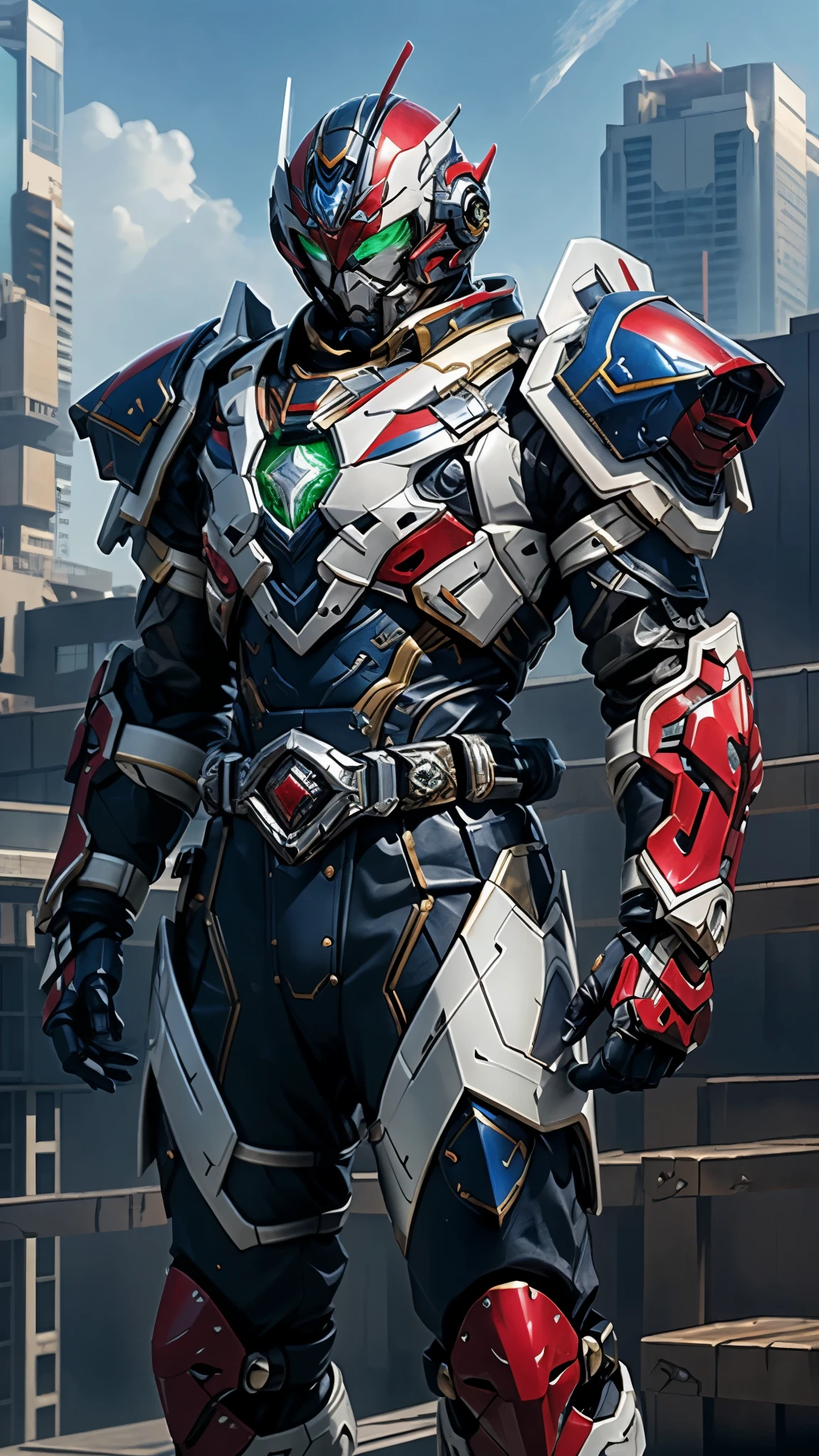 A man wearing a full-face helmet, a fantasy-style biotech armored combat suit, green eyes, (a composite layered chest armor), fully enclosed shoulder guards, matching arm and leg guards, the belt is adorned with Falcon Wing, (the color scheme is primarily white with red and blue accents), the design balances heavy with agility, a high-tech bio-mecha armor, (Armor Concept Inspired by Falcon, stand on the top of a skyscraper in a futuristic sci-fi city), this character embodies a finely crafted fantasy-surreal style armored hero in anime style, exquisite and mature manga art style, (battle damage, element, plasma, energy, the armor glows), ((male:1.5)), metallic, real texture material, dramatic, high definition, best quality, highres, ultra-detailed, ultra-fine painting, extremely delicate, professional, perfect body proportions, golden ratio, anatomically correct, symmetrical face, extremely detailed eyes and face, high quality eyes, creativity, RAW photo, UHD, 32k, Natural light, cinematic lighting, masterpiece-anatomy-perfect, masterpiece:1.5
