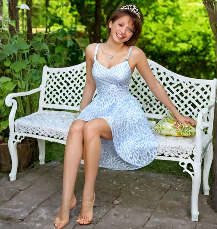 Young woman, princess, in jewelry, Beautiful, sexy, Barefoot, liberated. smiling, Vulgar, On the bench, in the garden, light dress with straps, deep neckline, a short, very candid photo.