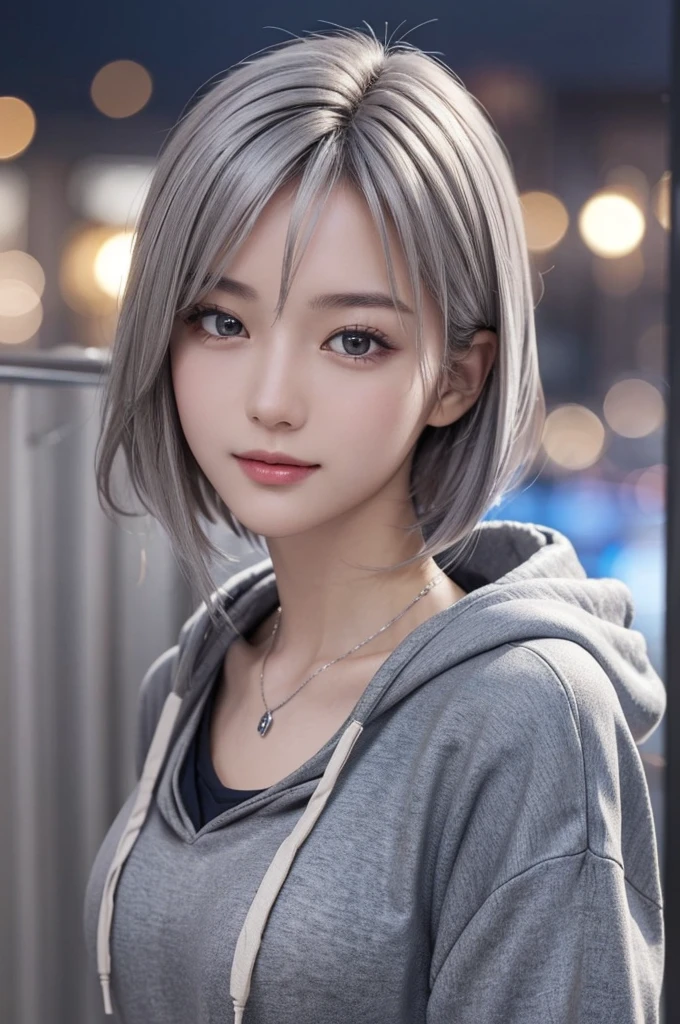 (Surreal) , (Like the picture:1.4),(Increase the resolution), (8k), (Very detailed), (Beautiful and fine details), (highest quality), (Ultra-detailed), (masterpiece), (wallpaper), (Detailed face), solo,1 girl, perfect beautiful japanese woman:1.4、19 years old、Looking at the audience, Subtle details, Detailed face, Cloudy, Deep Shadow, A gentle smile,Short hair silver color,My hair is messy,Looking up,(Lightweight hoodie :1.2),Background is night,Camera angle high angle,Various poses,necklace,Attractive face, Medium chest, Dynamic pose,