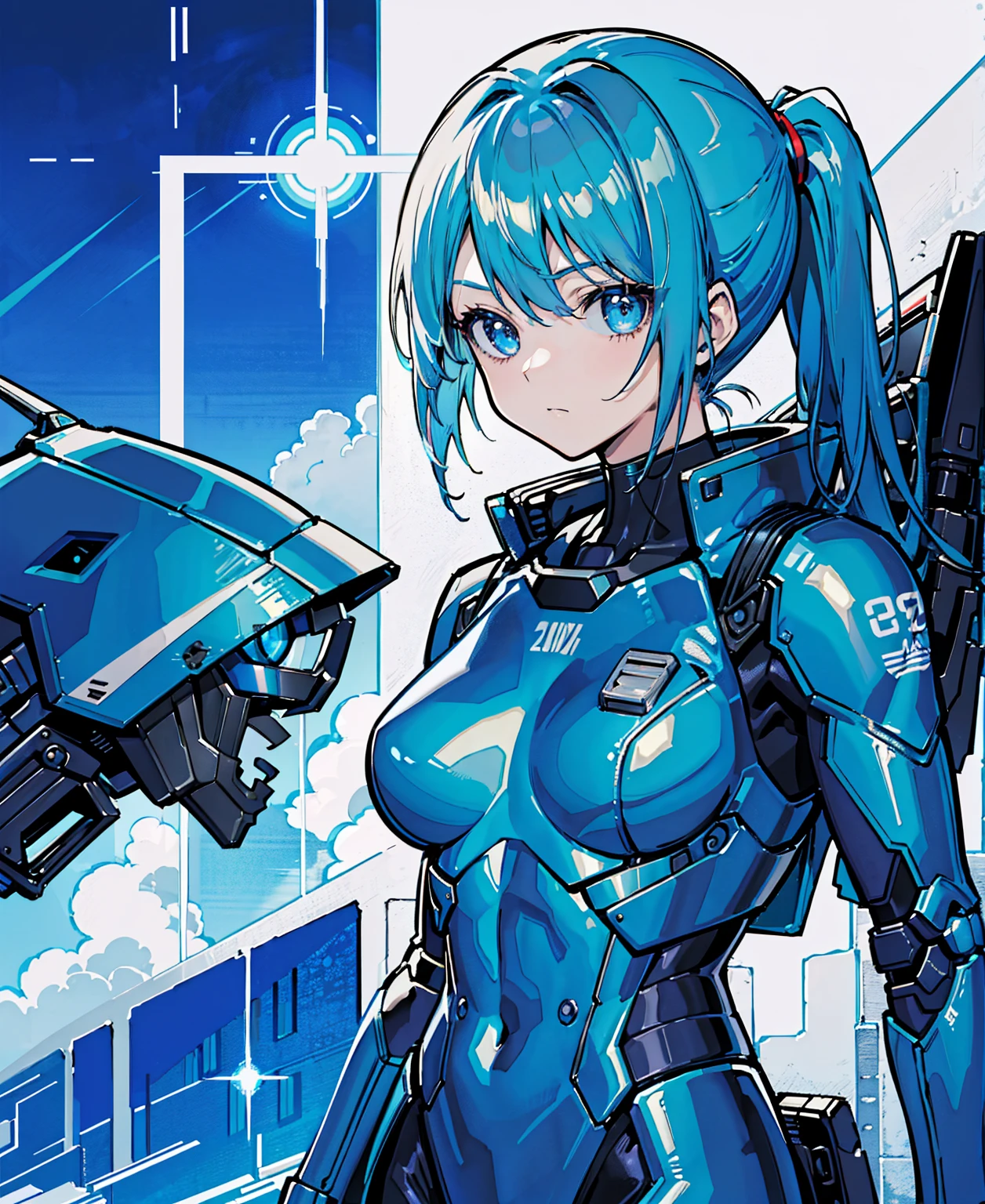 Blue Hair、Masterpiece、Best Quality、1 girl、Medium breast、((Album cover))、Light on Face、Slim Body、Blue Costume、Exoskeleton、metal Gear、Cyberpunk Style、ponytail、The Gundam pilot、attention arousal，Ride a fighter