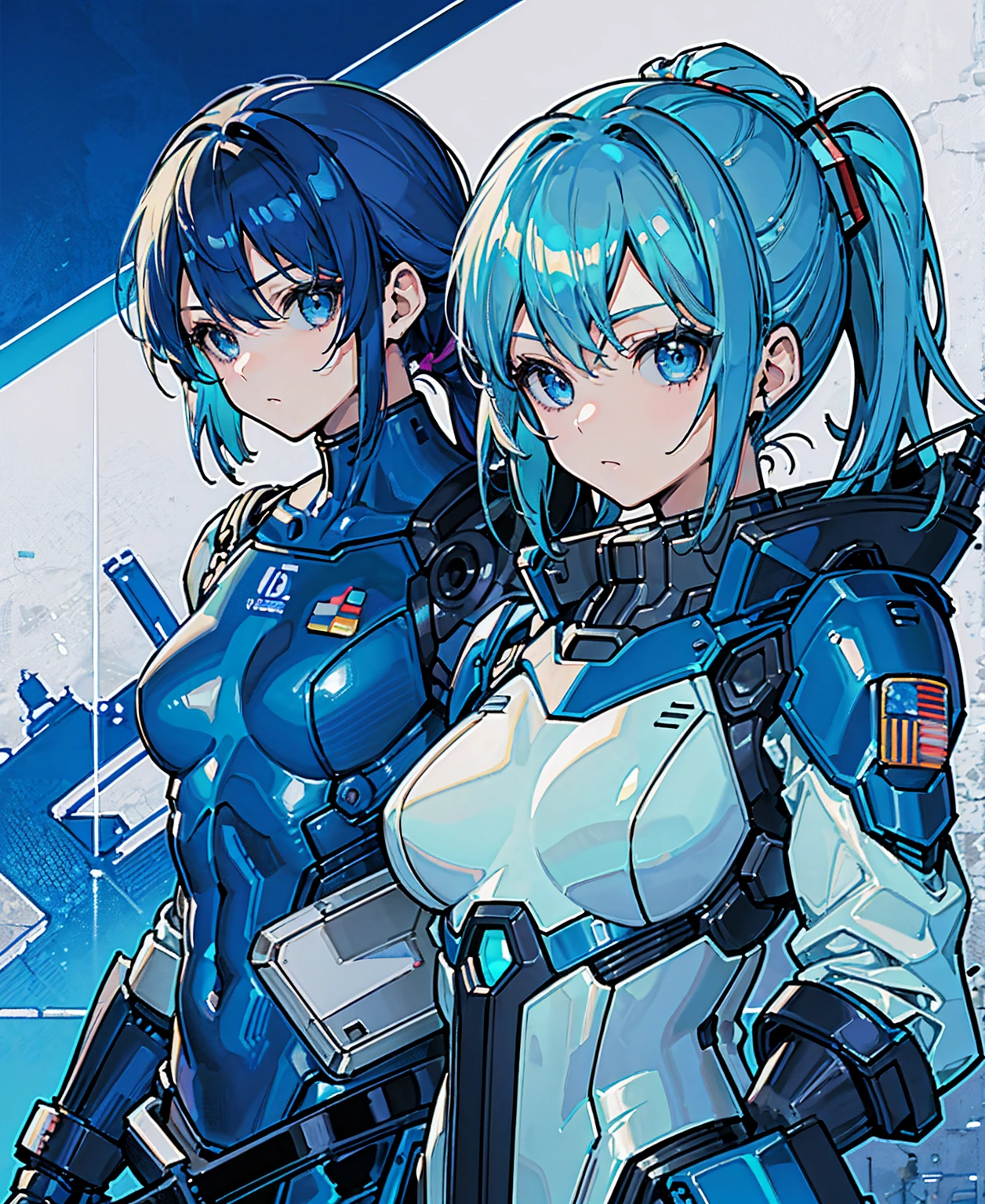Blue Hair、Masterpiece、Best Quality、1 girl、Medium breast、((Album cover))、Light on Face、Slim Body、Blue Costume、Exoskeleton、metal Gear、Cyberpunk Style、ponytail、The Gundam pilot、attention arousal，Ride a fighter