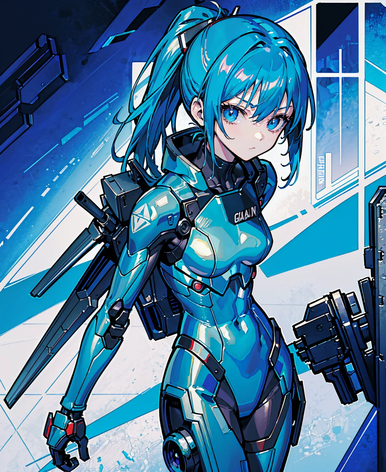Blue Hair、Masterpiece、Best Quality、1 girl、Medium breast、((Album cover))、Light on Face、Slim Body、Blue Costume、Exoskeleton、metal Gear、Cyberpunk Style、ponytail、The Gundam pilot、attention arousal，Ride a fighter