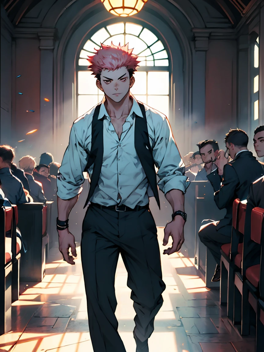 the highest quality, 8K, high resolution image, estilo Jujutsu Kaisen, Trazos detallados, luz entrando por las ventanas, (angulo de perto), 1 hombre, in an old French ballroom with other people in the background , muscular, Pelirrojo, Llevar una camisa de vestir , pantalones marcando la entrepierna, ojos llamativos, pecho hinchado