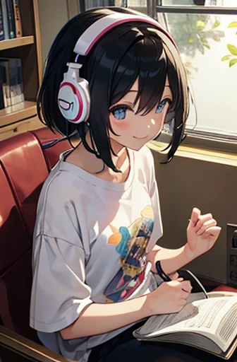 Japanese anime style、pretty girl、Headphones on、Bob Hair、Black Hair、T-Shirts、Inside the room、Sit down and read a book、smile