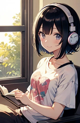 Japanese anime style、pretty girl、Headphones on、Bob Hair、Black Hair、T-Shirts、Inside the room、Sit down and read a book、smile