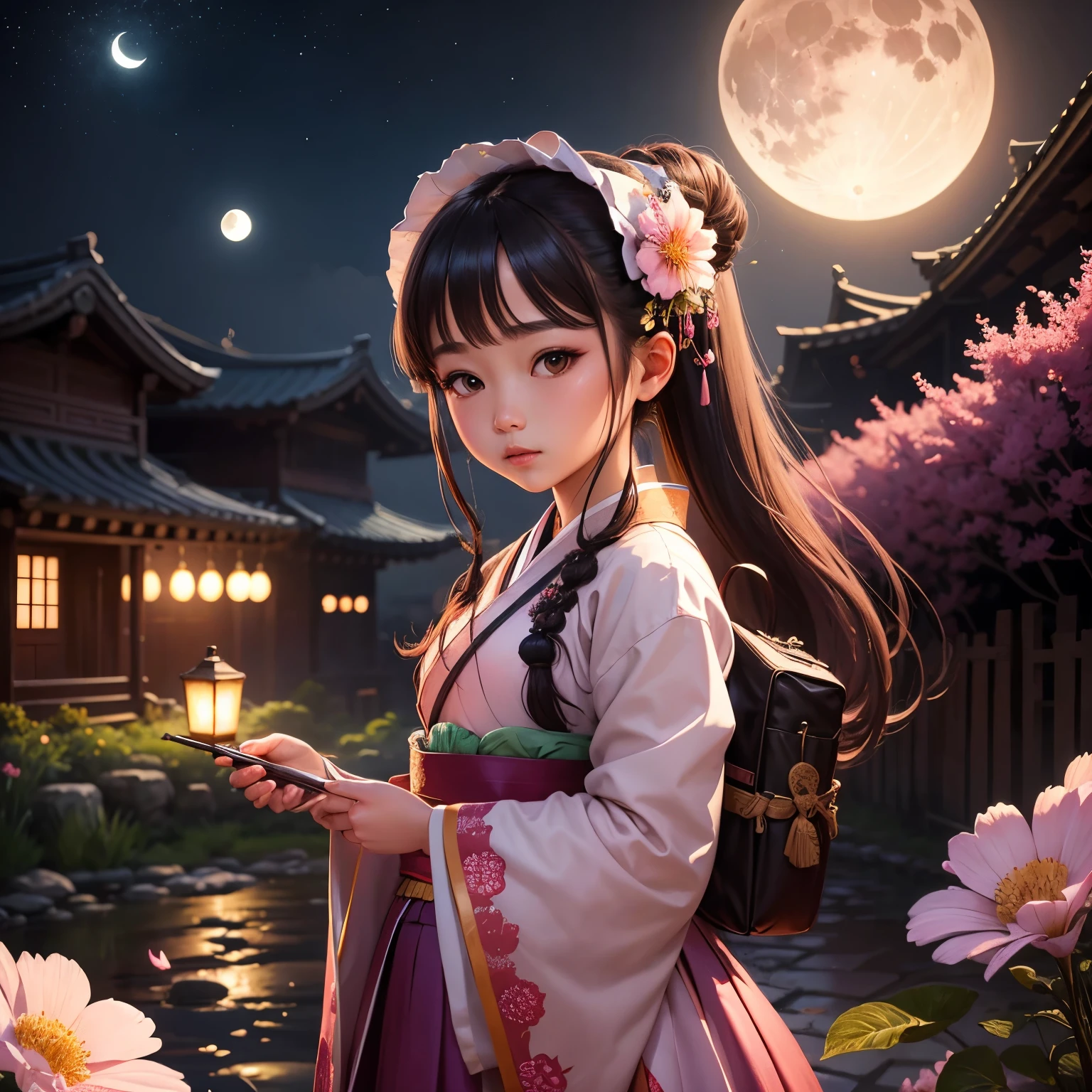 best quality, high_resolution, distinct_image, detailed background ,girl, hanbok,flower,garden,moon, night,