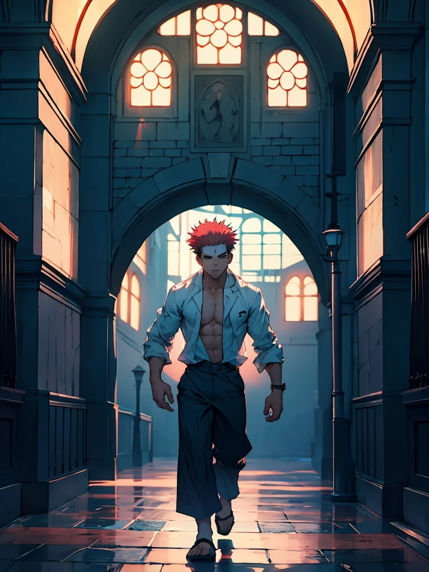 the highest quality, 8K, high resolution image, estilo Jujutsu Kaisen, Trazos detallados, luz entrando por las ventanas, (angulo de perto), 1 hombre, desfilando con gente al fondo mirando , muscular, Pelirrojo, Llevar una camisa de vestir , pantalones marcando la entrepierna, ojos llamativos, pecho hinchado