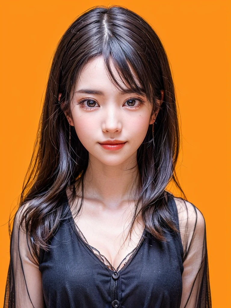 (masterpiece, highest quality, sfw:1.8),1 girl, alone, realistic, realistic, looking at the viewer, light colored black eyes, Brunette short bob hair with highly detailed shiny hair, Winter clothes, Whity, lips, bangs, outdoor, closed mouth, Upper body、Big eyes、eyelash、((very simple orange background:1.8))、(((Short hair with bangs、Big eyes、big and full chest、look at the audience、beautiful beauty、show me your ears、long neck、smile、please close your mouth and smile)))、ideal body proportions、{Huge|big|Huge|mega} chest, cleavage:2