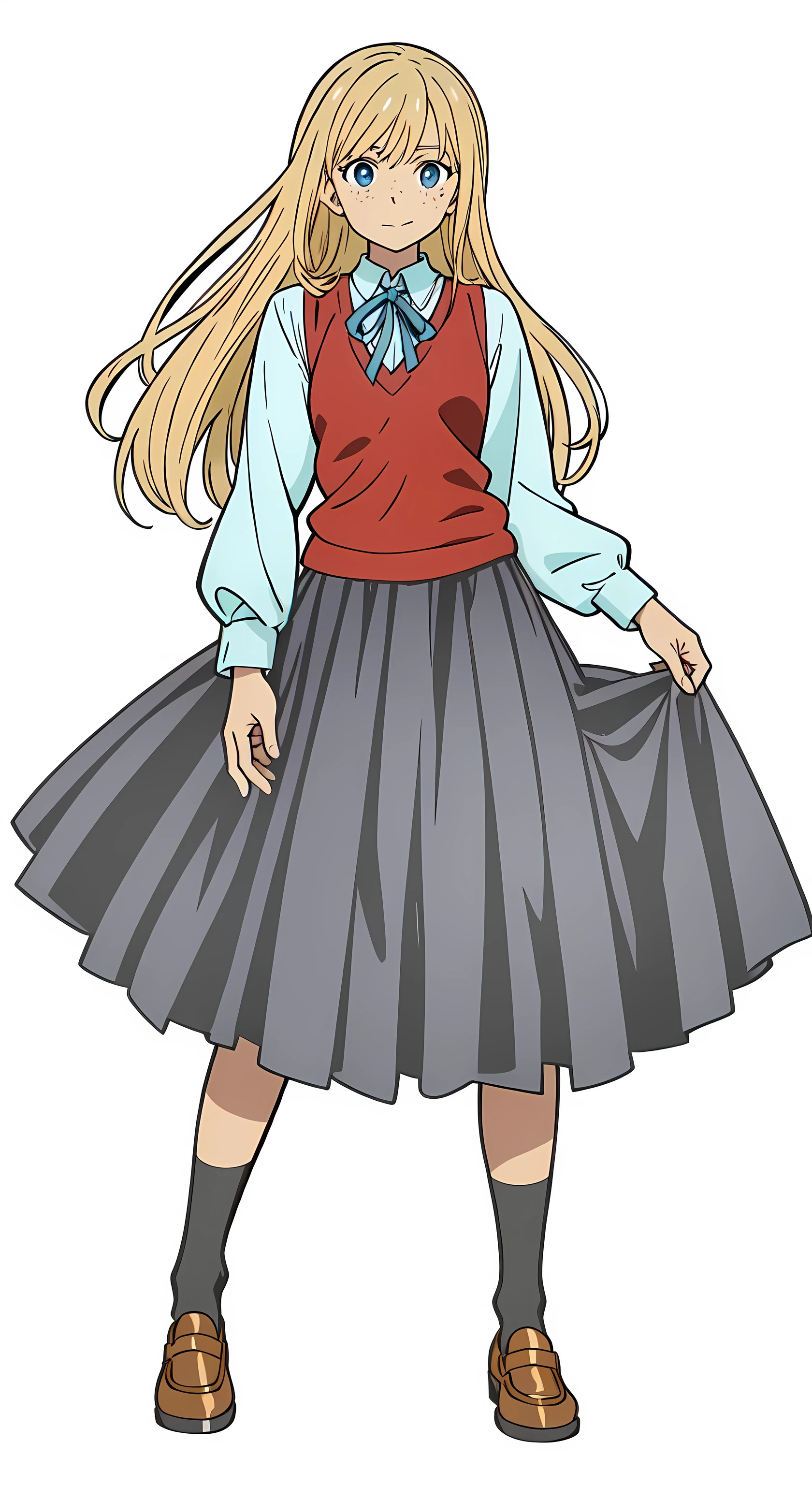 (best quality:1.0), (masterpiece:1.0), (super fine illustration:1.0), (beautiful artwork:1.0), (anime screencap:1.0), (official art:1.0), (european:1.0), (cheerful:1.0), (white background:1.0), (best quality:1.0), (masterpiece:1.0), (super fine illustration:1.0), (beautiful artwork:1.0), (anime screencap:1.0), (official art:1.0), (solo:1.0), (european:1.0), (a 18yo cute girl:1.0), (long skirt:1.0), (black skirt:1.0), (pleated skirt:1.0), (red knit vest:1.0), (white long sleeve collared shirt:1.0), (blue neck ribbon:1.0), (loafers:1.0), (black socks:1.0), (ideal ratio body proportions:1.0), (lanky:1.0), (tall:1.0), (slender:1.0), (small breasts:1.0), (smaller face:1.0), (tareme:1.0), (freckles:1.0), (detailed beautiful eyes:1.0), (detailed beautiful face:1.0), (glowing blue eyes:1.0), (long hair:1.0), (swept bangs:1.0), (blonde hair:1.0), (standing:1.0), (looking at viewer:1.0)
