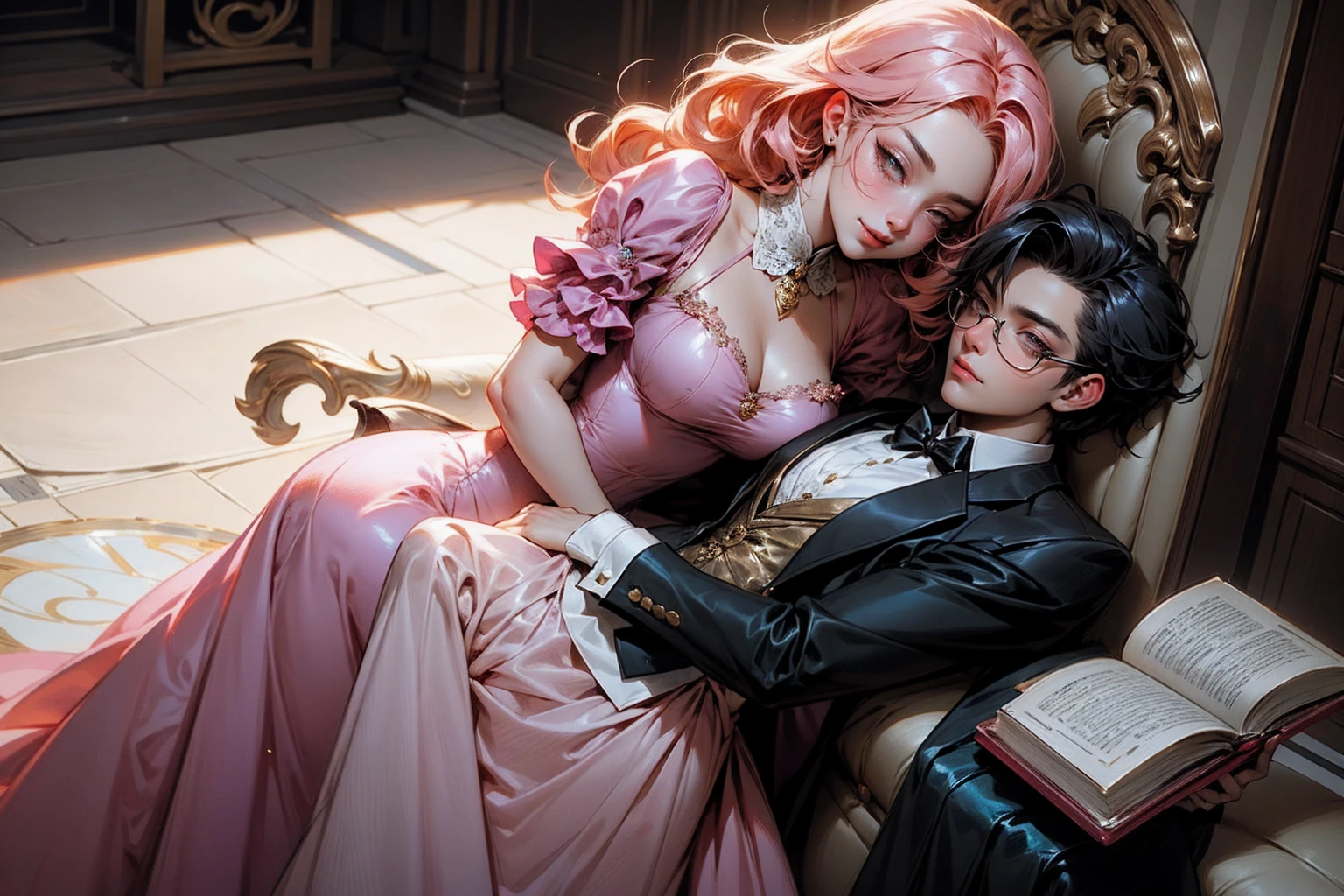 Anime girl tuxedo with curly rose gold hair and round gold glasses, rose gold eyes. Guviz style art, attractive detailed art style, Charlie Bowater Style, 1 7 -  - old e anime girl, detailed manga style, detailed anime character art, germ of art. High detail, stunning manga art style. Rose dress. (pink dress) . Wearing rose gold Victorian clothing. Dancing, walking, drinking, reading, writing, lying, standing, on your back, dynamic poses, smile, closed mouth. Different Pose.