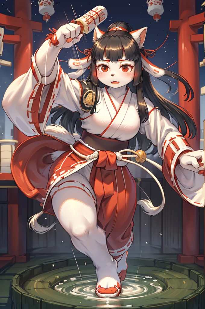 (Monet style:1.2) , (1 hairy inari girl and 1 Tall Muscle ogres couple:1.1) , Short stature , realistic hairy fur , Straight black Long Hair , Round face, swollen cheeks,round eyes , neat hair ties , Japanese Shrine Maiden Clothing , (dynamic Noh dance action:1.5) , in the Inari Shrine , Sacred offerin , (Fly around Will-o'-the-wisp) , midnight